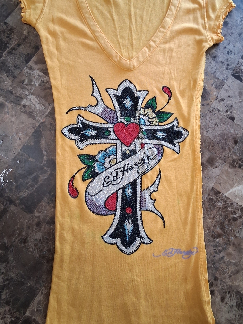 Ed Hardy VintageYellow V-Neck T Shirt with Jeweled Cross and Heart Motif